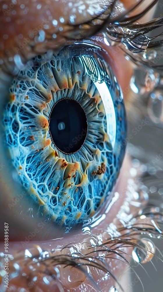 Fototapeta premium Close-up Macro Photography of a Blue Eye with Water Drops