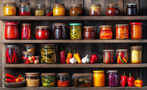 Wallpaper Mural Wooden shelves displaying colorful jars of pickled vegetables and spices. Torontodigital.ca