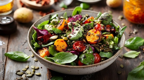 Leafy green salad bowl with roasted vegetables and seeds on a table