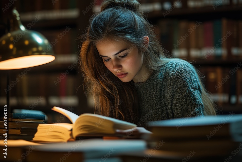 © Fightstar - Young woman studying alone at table in library with stacks of books