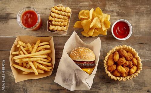 Flat lay of fast food including fries, burger, chips, and chicken bites. photo