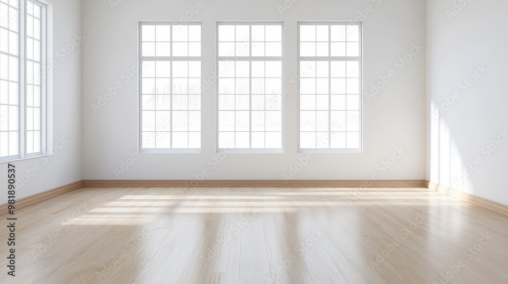 Empty White Room with Wooden Floor and Three Windows Empty White Room with Wooden Floor and Three Windows