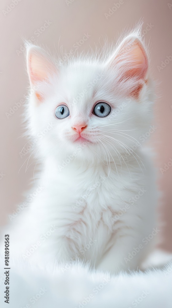 Adorable White Kitten: A fluffy white kitten with captivating blue eyes sits against a soft pink background. Its delicate features and innocent gaze evoke feelings of warmth and tenderness. Adorable White Kitten: A fluffy white kitten with captivating blue eyes sits against a soft pink background. Its delicate features and innocent gaze evoke feelings of warmth and tenderness.
