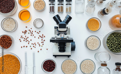 Laboratory setup with jars of grains and seeds beside a microscope for research. photo