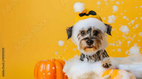 Adorable Terrier Dog, bath in Halloween Decorations Bubble Bath