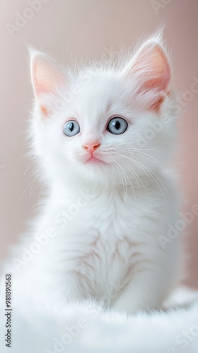 Adorable White Kitten: A fluffy white kitten with captivating blue eyes sits against a soft pink background.  Its delicate features and innocent gaze evoke feelings of warmth and tenderness. 