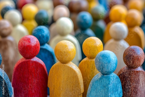 Close-up of colorful wooden figures, representing a crowd of people, with abstract and blurred background.