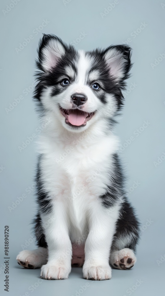 Puppy Love: A charming black and white puppy sits with a joyful expression, capturing the innocent and playful spirit of dogs.  
