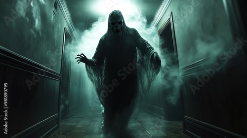 Horror ghost with twisted face, floating through dark corridors, 3D illustration photo