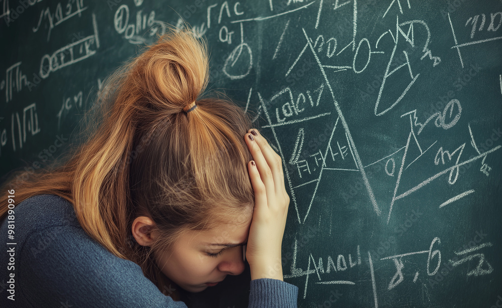 A stressed student leaning against a chalkboard covered in math formulas. A stressed student leaning against a chalkboard covered in math formulas.
