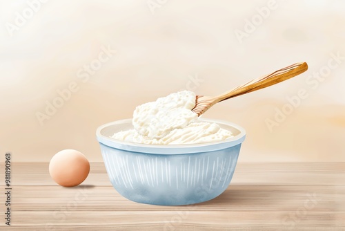 A creamy bowl of frosting with a wooden spoon and a fresh egg on a rustic wooden table, perfect for baking inspiration.