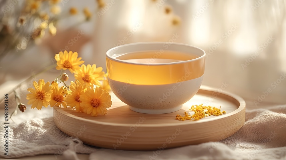 a cup of chrysanthemum and cassia tea on a wooden tray, Generative AI a cup of chrysanthemum and cassia tea on a wooden tray, Generative AI