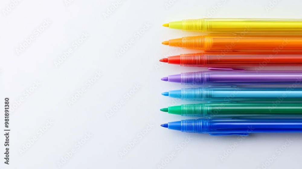 Fototapeta premium Colorful Gel Pens on White Background - High-Quality Photography with Copy Space for Text on the Left Side