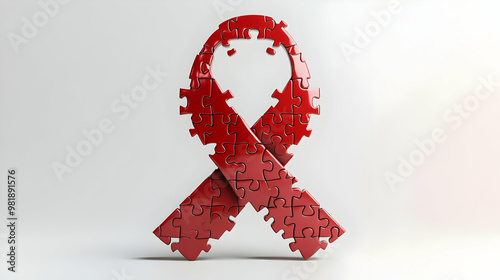 3D Red Ribbon Puzzle Concept: Glossy AIDS Ribbon with Puzzle Pieces Completing Shape - Iconic Design on White Background