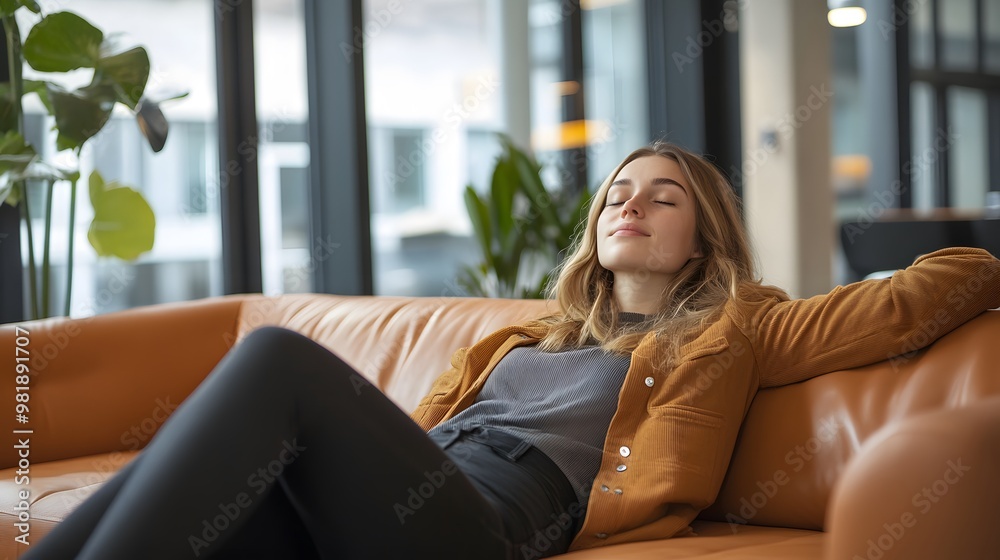 Blonde woman relaxing on a brown leather couch, eyes closed Blonde woman relaxing on a brown leather couch, eyes closed