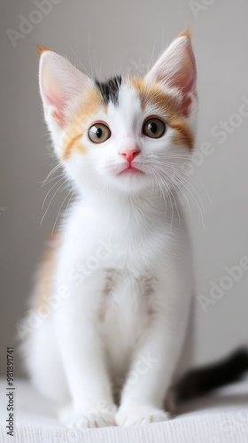 Adorable Kitten with Curious Eyes: A captivating portrait of a fluffy white kitten with calico markings, showcasing its captivating gaze and endearing charm. 