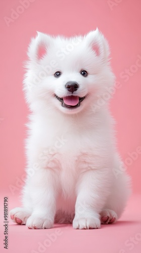 Pink Paradise: A fluffy white Samoyed puppy sits in a pink studio, its tail wagging excitedly. It's eyes sparkle with joy and innocent curiosity.