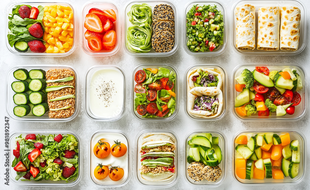 A variety of healthy meal prep containers filled with vegetables, fruits, and protein-rich foods. A variety of healthy meal prep containers filled with vegetables, fruits, and protein-rich foods.