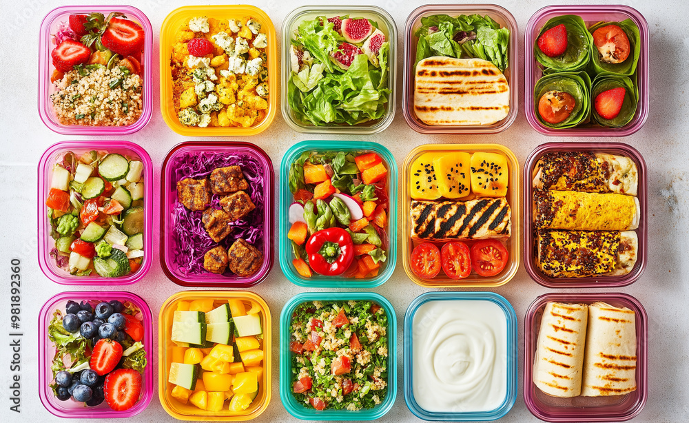 A variety of healthy meal prep containers filled with vegetables, fruits, and protein-rich foods. A variety of healthy meal prep containers filled with vegetables, fruits, and protein-rich foods.