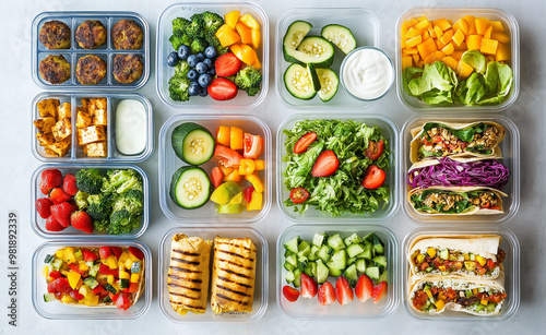 A variety of healthy meal prep containers filled with vegetables, fruits, and wraps. photo