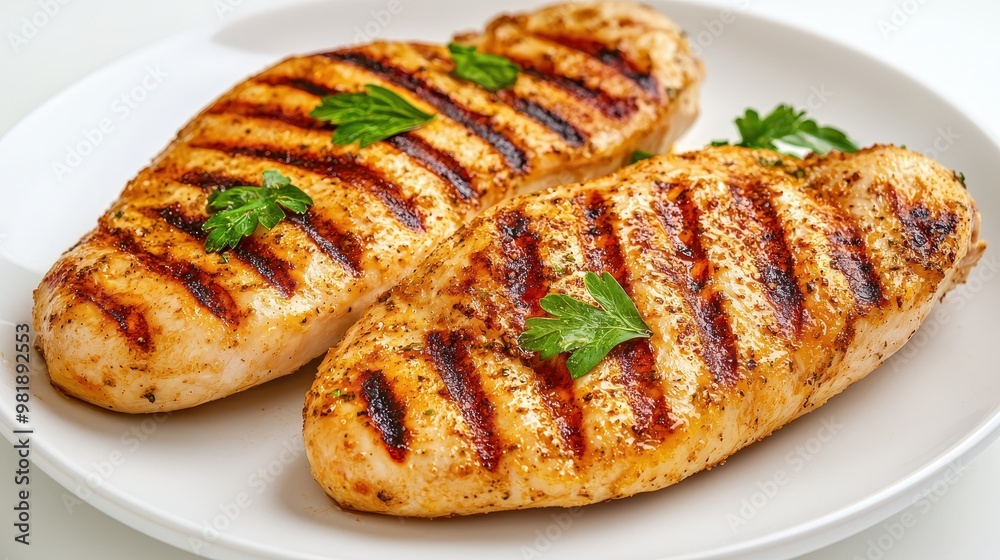 Grilled Chicken Breast with Parsley on White Plate Grilled Chicken Breast with Parsley on White Plate