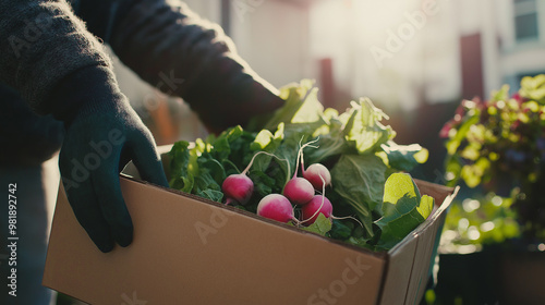 Person holding a cardboard box filled with fresh radishes and greens. photo