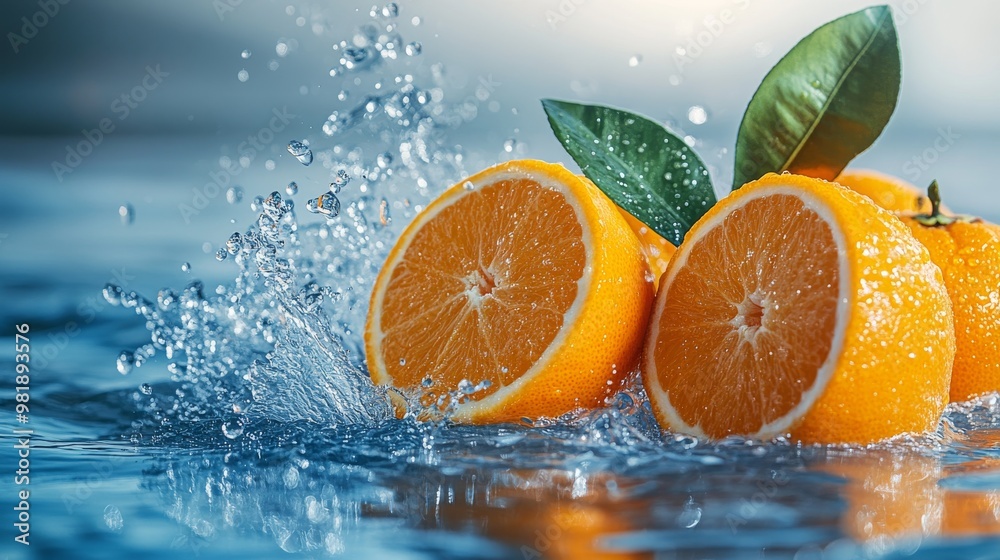 Orange Halves Splashing into Water with Green Leaves Orange Halves Splashing into Water with Green Leaves