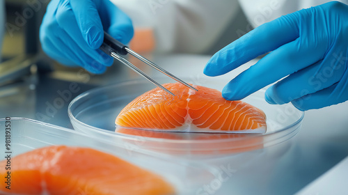 Scientist inspecting raw salmon slices with tweezers in a lab. photo