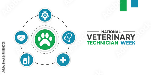 Veterinary Technicians Week. Stethoscope, pet icon, syringe, shield, plus icon and more. Great for cards, banners, posters, social media and more. White background.