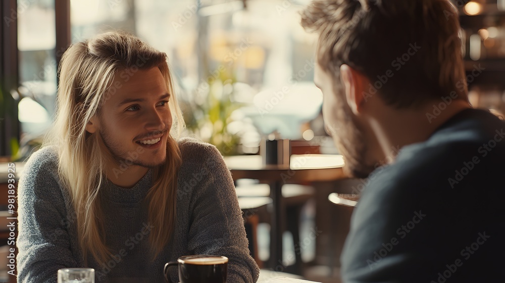 A young woman with long blonde hair smiles and looks to the right while holding a coffee cup. A young woman with long blonde hair smiles and looks to the right while holding a coffee cup.