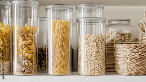 Neatly arranged pantry jars filled with dry goods like pasta, nuts, and grains. photo