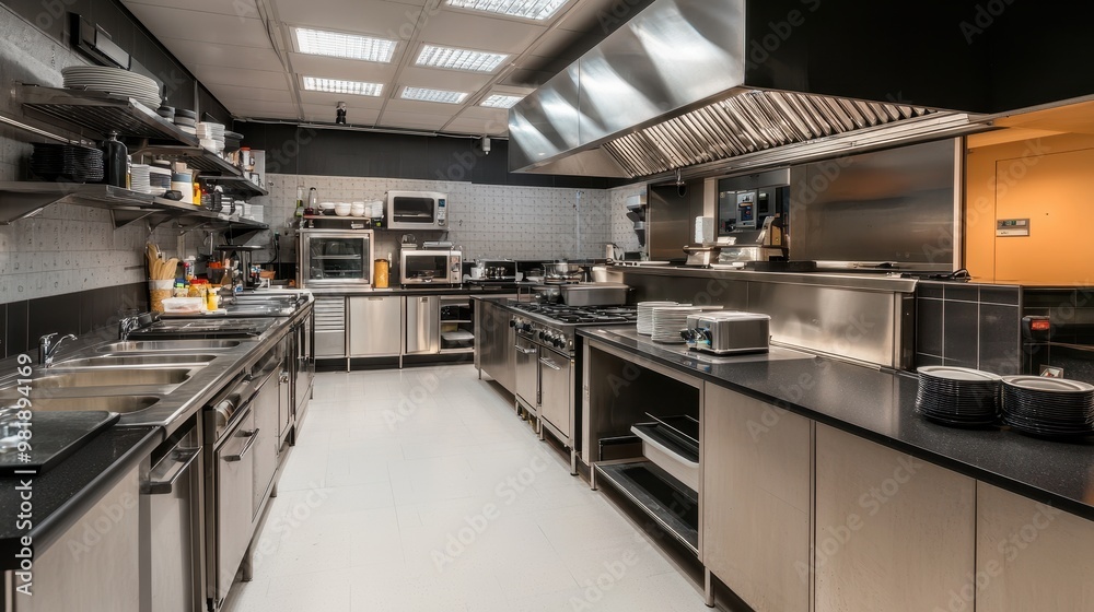 Modern Commercial Kitchen Interior with Stainless Steel Appliances and Black Granite Countertops Modern Commercial Kitchen Interior with Stainless Steel Appliances and Black Granite Countertops
