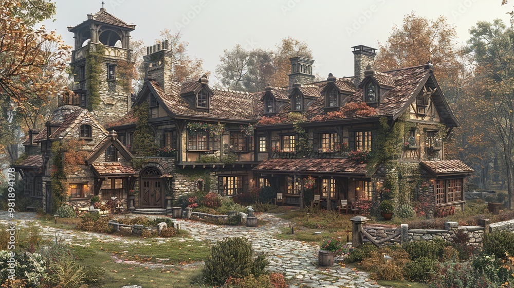 Stone House with Tower and Garden - Medieval Architecture Stone House with Tower and Garden - Medieval Architecture