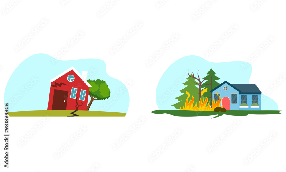 Natural disaster scenes. Different elemental calamity logo Natural disaster scenes. Different elemental calamity logo