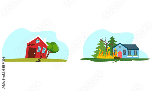 Natural disaster scenes. Different elemental calamity logo