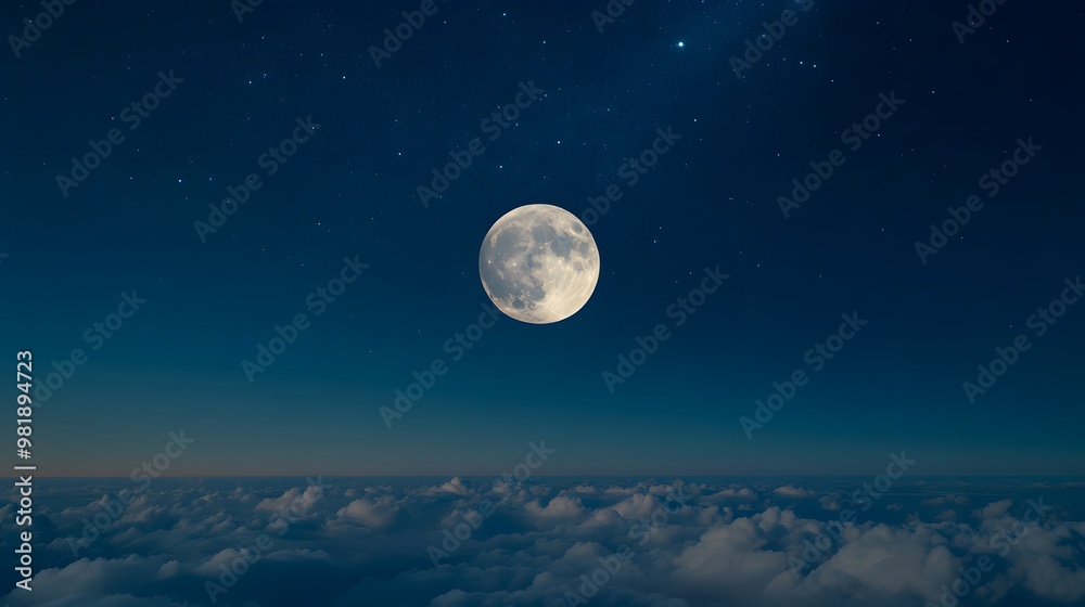 Fototapeta premium The full moon in the sky above the clouds is surrounded by a halo of light and in the sky, Generative AI