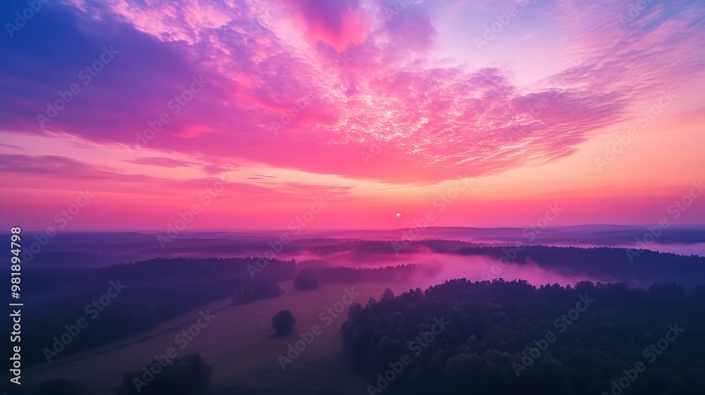 Obraz premium Dawn's embrace over vibrant forest panorama, captured by drone.