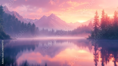 Misty Mountain Lake at Sunset with Silhouetted Trees