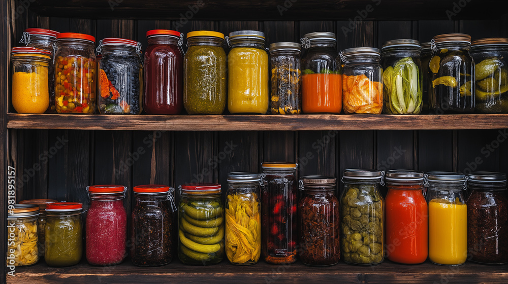A pantry shelf filled with a variety of home-canned vegetables, sauces, and pickles in glass jars. A pantry shelf filled with a variety of home-canned vegetables, sauces, and pickles in glass jars.
