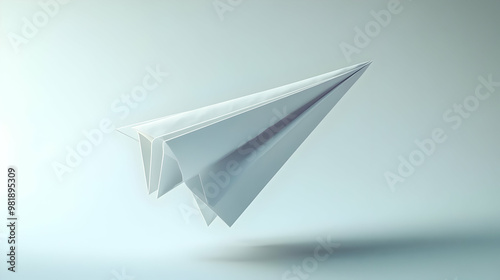 3D Soaring Policy Document Concept: Paper Airplane Flying Upwards, Capturing Document Details Against White Backdrop, Symbolizing New Policy Implementation