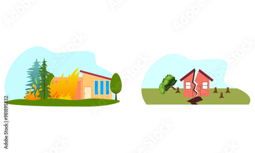 Natural disaster scenes. Different elemental calamity logo