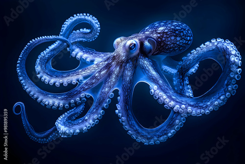 A mesmerizing octopus with its tentacles curled in a mesmerizing pattern against a dark blue background.