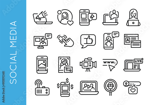 Social media icons. Set of 20 social media minimalist icons. Megaphone, like, user profile, smartphone, video, chat icon. Design signs for web page, mobile app, digital marketing. Vector illustration