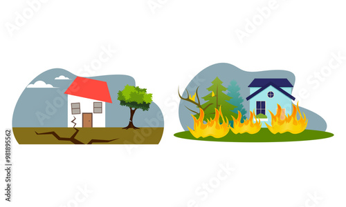 Natural disaster scenes. Different elemental calamity logo