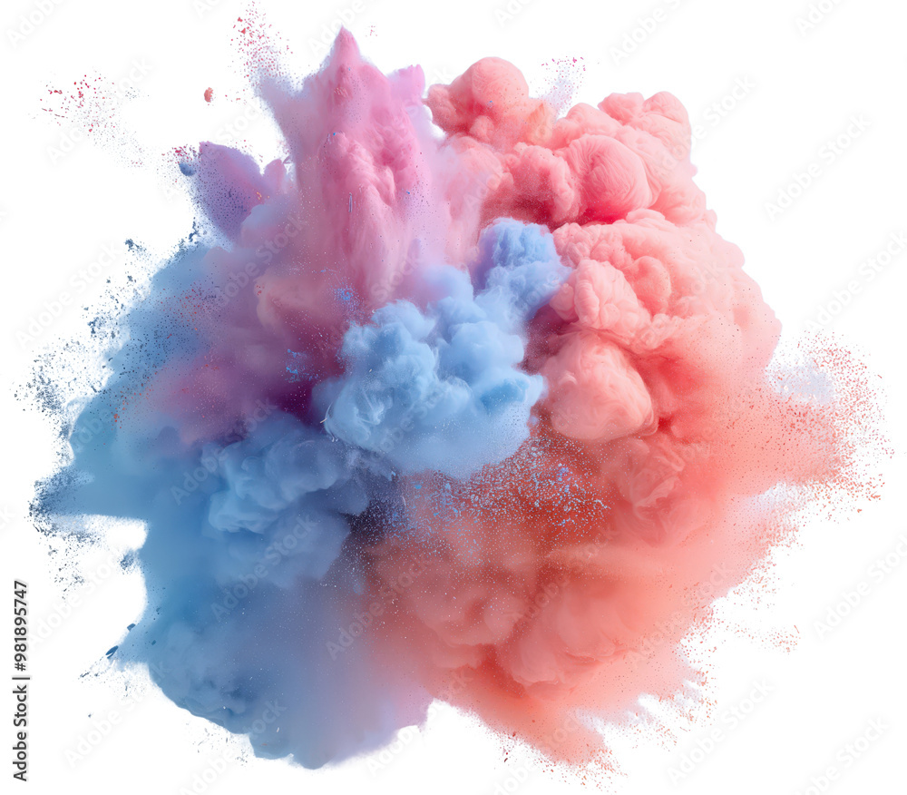 Vibrant cloud of pink and blue powder captured mid-explosion, showcasing dynamic motion and soft textures on a white or transparent background... Vibrant cloud of pink and blue powder captured mid-explosion, showcasing dynamic motion and soft textures on a white or transparent background...