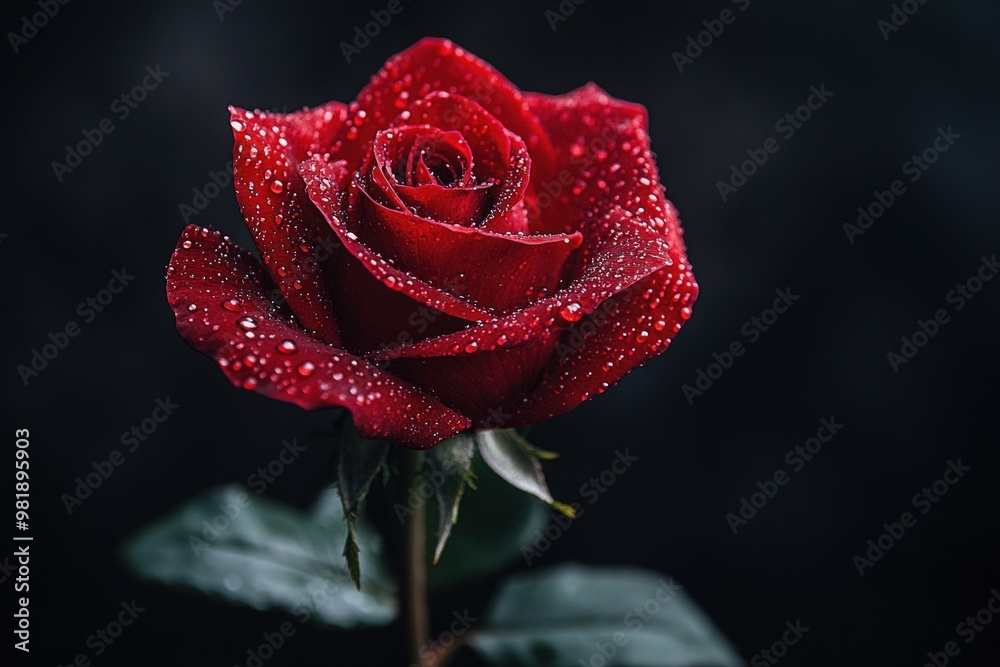A single red rose with water droplets on its petals against a dark background. A single red rose with water droplets on its petals against a dark background.