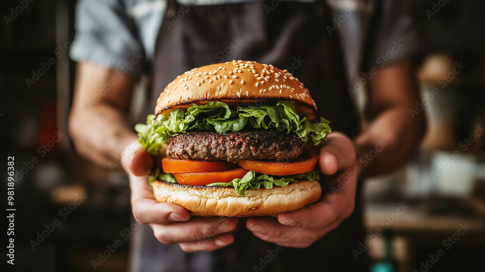 A person holding a fresh gourmet burger with lettuce, tomato, and a sesame bun. A person holding a fresh gourmet burger with lettuce, tomato, and a sesame bun.