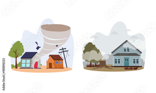 Natural disaster scenes. Different elemental calamity logo