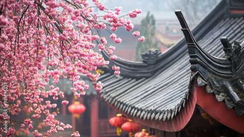 Cherry Blossom with Chinese roof in Xian temple. photo