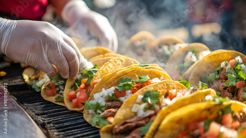 A row of tacos being prepared with fresh ingredients by a vendor wearing gloves. 